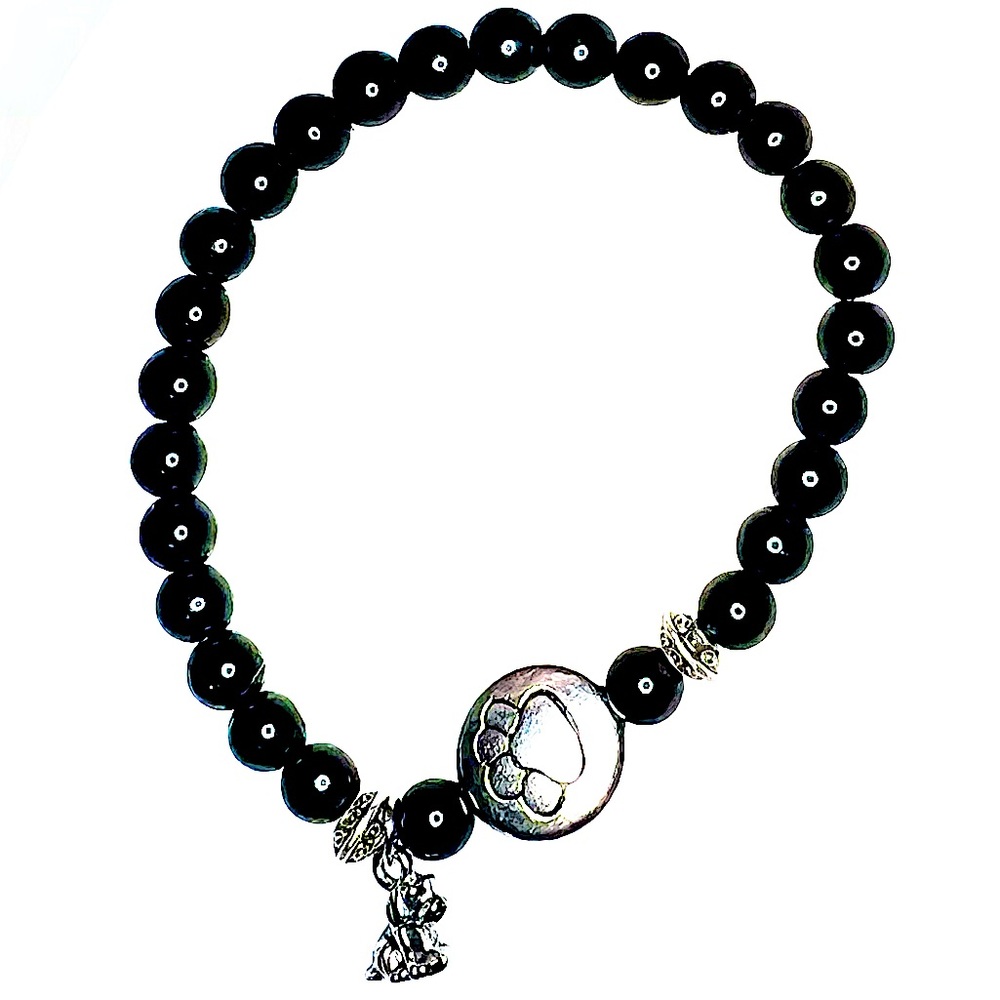 Animal & Dog Lovers Black & Silver Beaded Stone Bracelet w/ Dog Charms